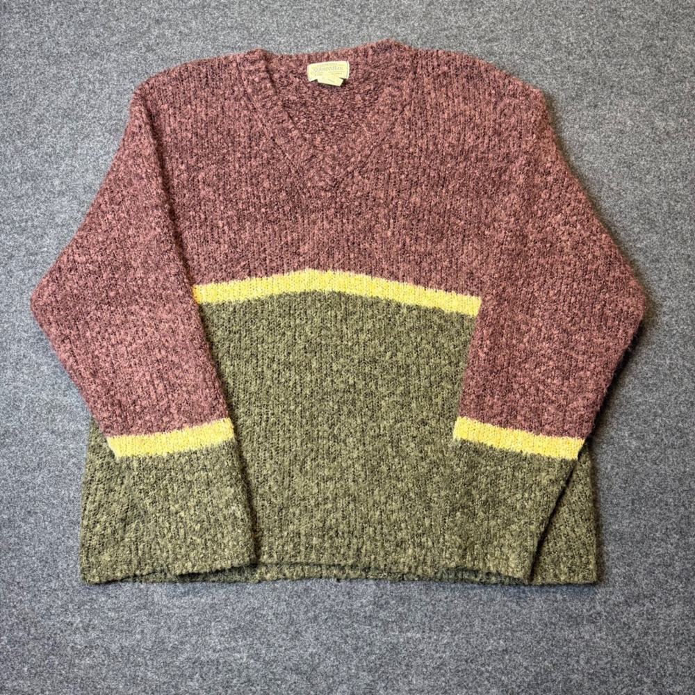 St Johns Bay V-Neck Sweater Mens Large Mauve Green Colorblock Popcorn Knit Retro
